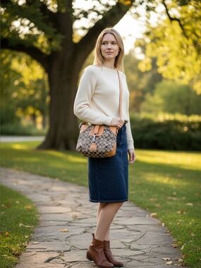 Coach Light Signature Crossbody Canvas in Brown and Tan Leather Trim